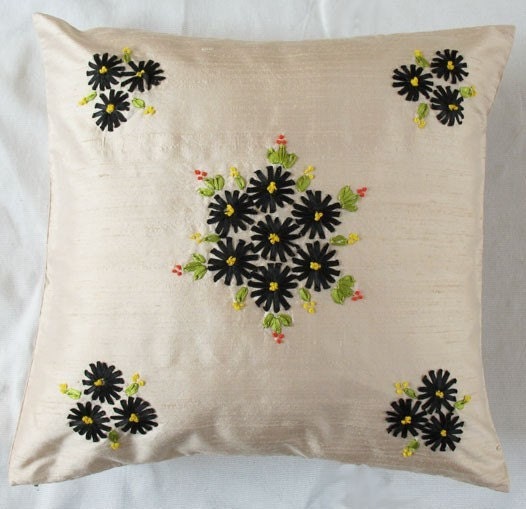 Cream throw pillow with black floral ribbon work decorative cushion cover IN STOCK