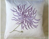 white chrysanthemum  throw pillow cover  with lilac embroidery 16X16 inch decorative