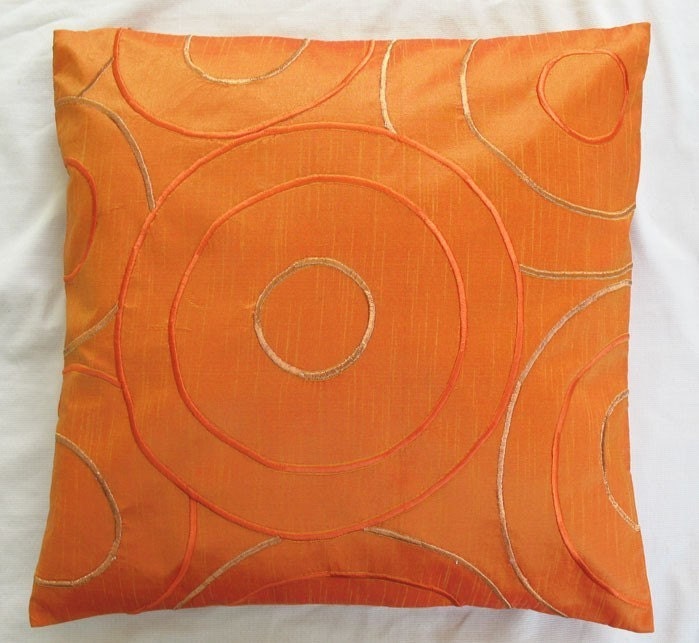 Orange pillow cover 18 inch  with retro circle throw embroidery