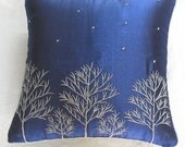 blue and silver tree embroidered Cushion Cover  16X16 inches