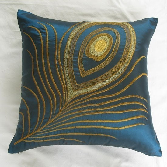 dark teal blue peacock feather pillow 16 inch cushion cover
