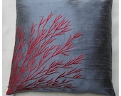 Gray silk  throw pillow cover w/ coral branch embroidery 16 inch cushion cover
