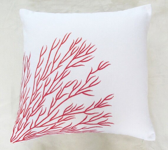 White coral trellis throw pillow 18 inch white with red embroidery cushion cover