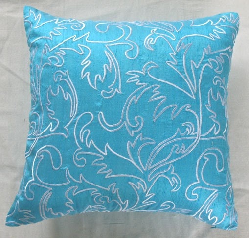 turquoise blue silk throw pillow and decorative cushion with moroccan/marakesh inspired white embroidery