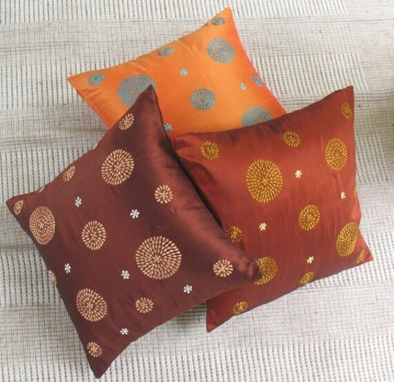 orange  blue  circle throw pillow with embroidery 16 inch decorative cushion cover