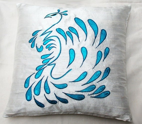 peacock pillow in white and turquoise blue 18 inch silk pillow cover