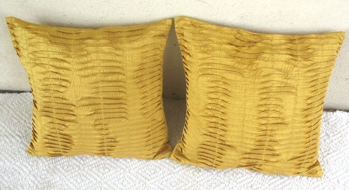 Saffron yellow art silk pintuck cushion cover 16 inch decorative throw pillow cover set of 2