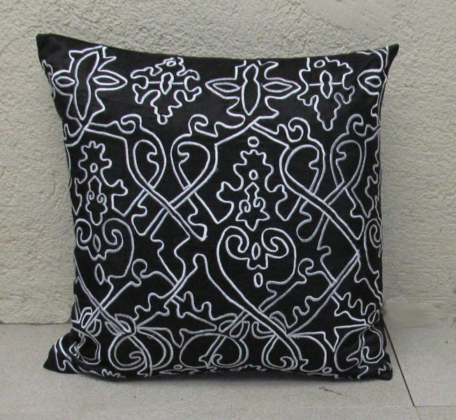 black and white decorative throw pillow 18 inch filigree embroidery cushion cover