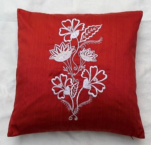 Rust red silk throw pillow cover with bead work and floral embroidery 16X16 in decorative cushion cover