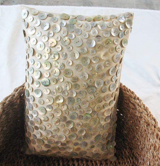 Beige linen boudoir oblong pillow with mother of pearl button embellishment 12X18 inch