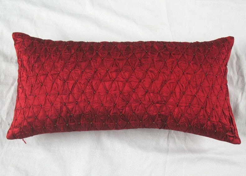 DarkRedSilkOblongThrowPillowDecorativePleatedPillow DarkRedSilkOblongThrowPillowDecorativePleatedPillow