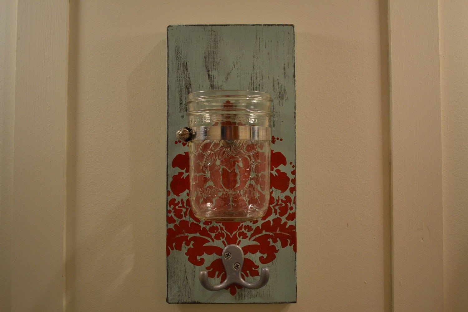 Mason Jar Wall Sconce Shabby Chic Vase Hook Damask by 2hoots