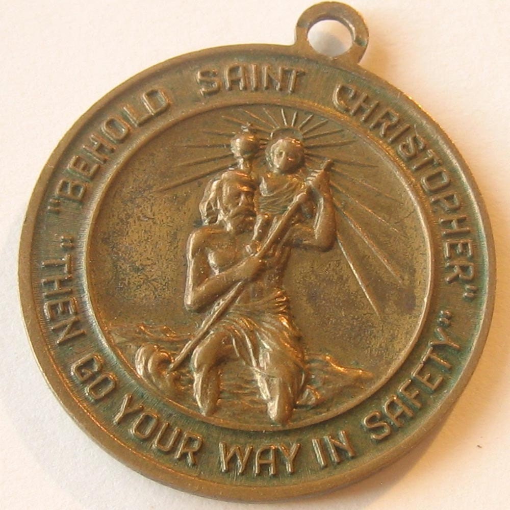 Religious Medal Vintage Brass St. Christopher by curiousoldthings