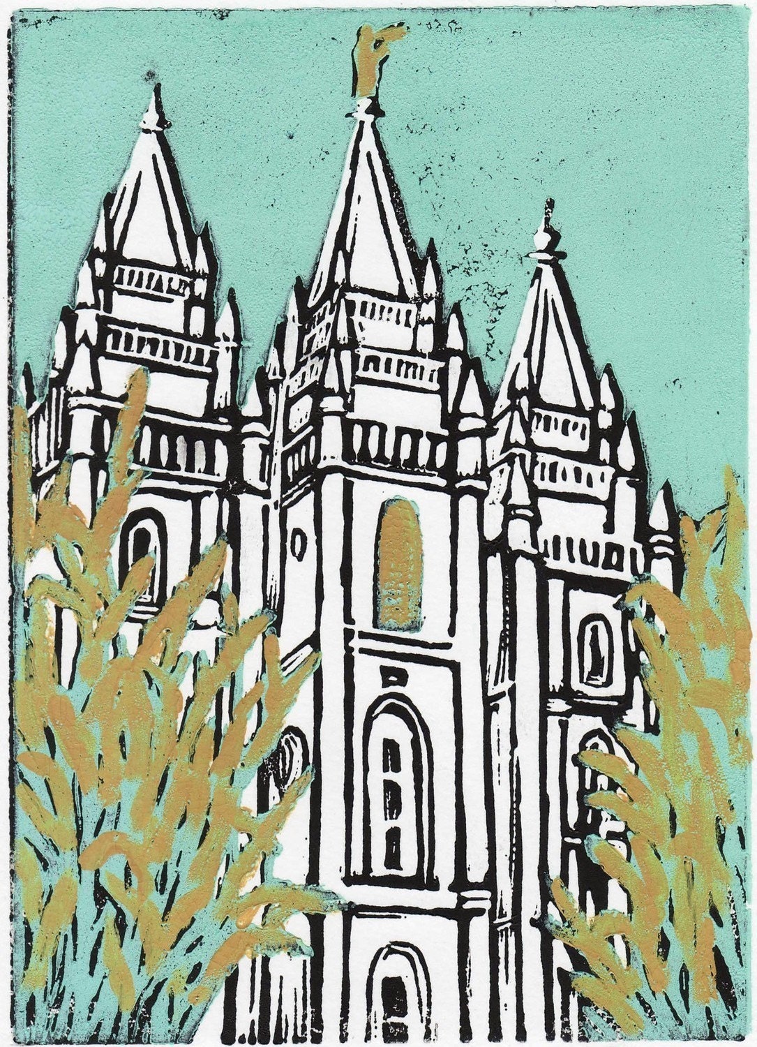 Salt Lake Temple lino-cut Wheat and Tares 8 x 10