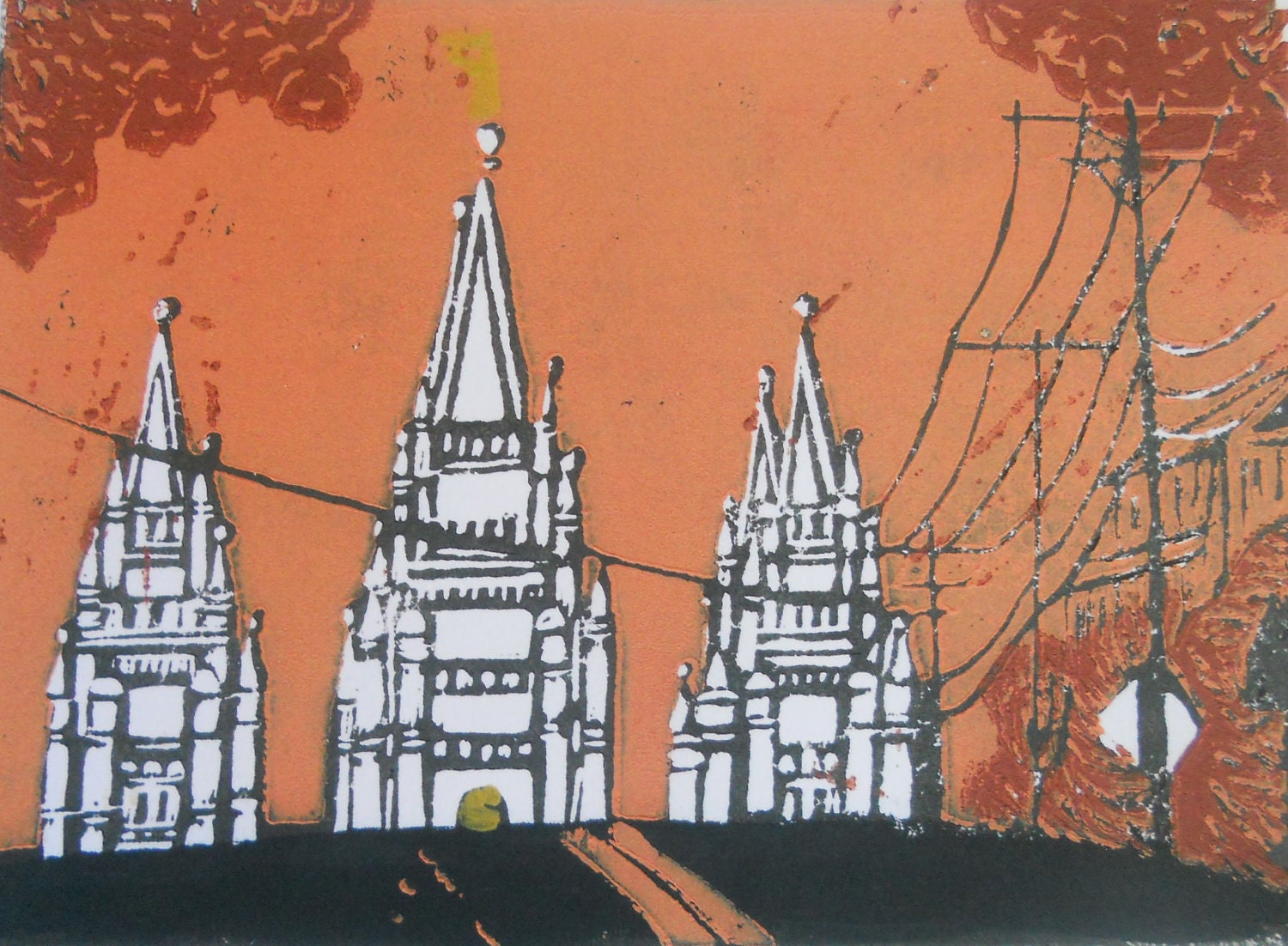 Orange Sky Salt Lake Temple Lino-Cut 11 x 14