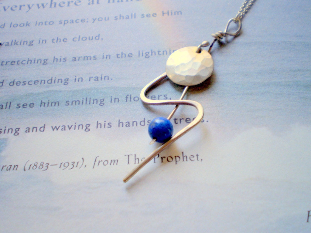 Thunderbolt Lapis And Sterling Silver Hammered Necklace on Vintage Silver Chain