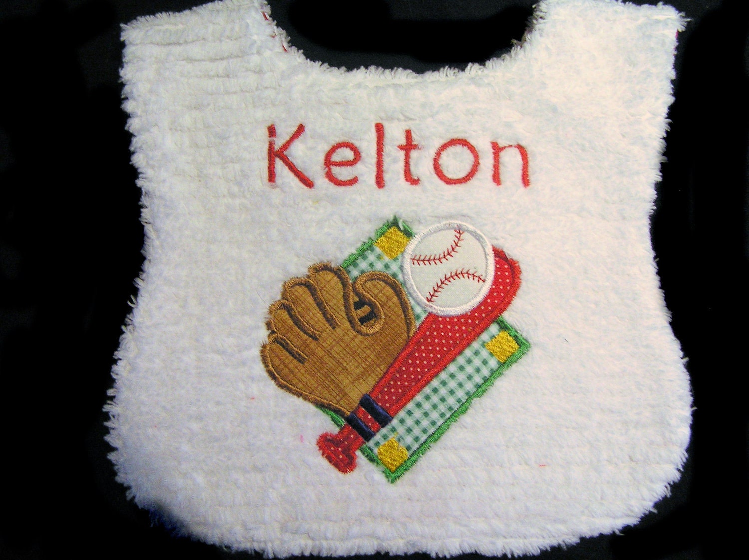 Personalized Baby Bib  - Appliqued Baseball Theme - White Chenille - Reversible - Batter Up
