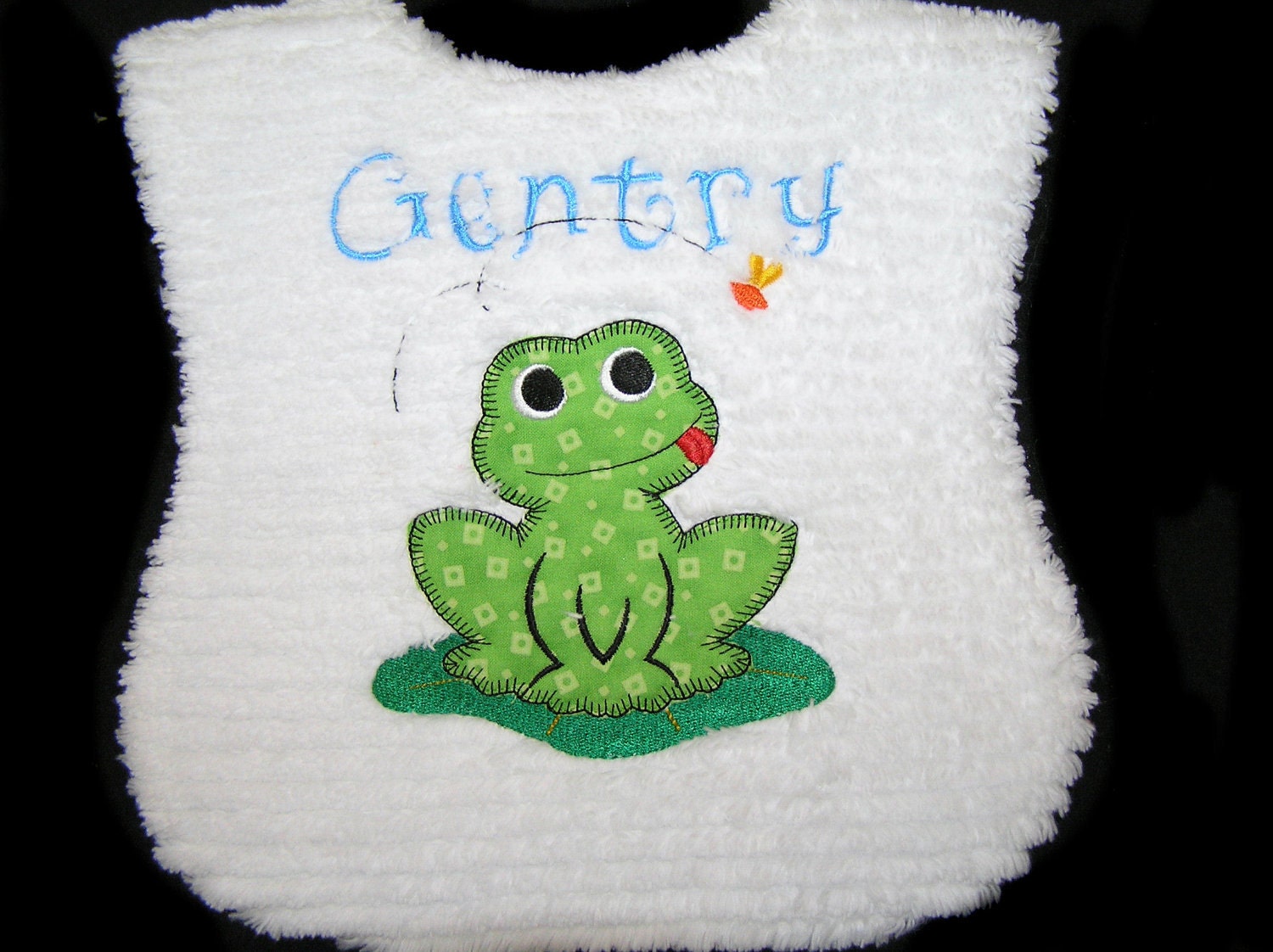 Personalized Baby Bib - Appliqued Green Frog - White Chenille - Reversible - Lunch Time