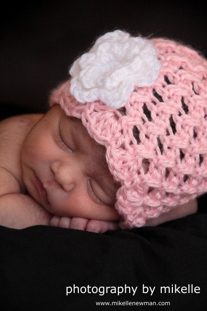 Baby Flower Hat, Baby Girl Beanie, Baby Photo Prop, Baby Girl, Children Clothing, Pink, White, Flower, 3 to 6 months
