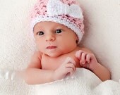 Newborn Baby Hat, Baby Girl, Newborn Photo Prop, Baby Girl Hat, Pink, White, Bow,  0 to 3 months