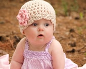 Crochet Baby Hat, Baby Girl, Baby Girl Hat, Beige with Pink Flower 0 to 3 Months