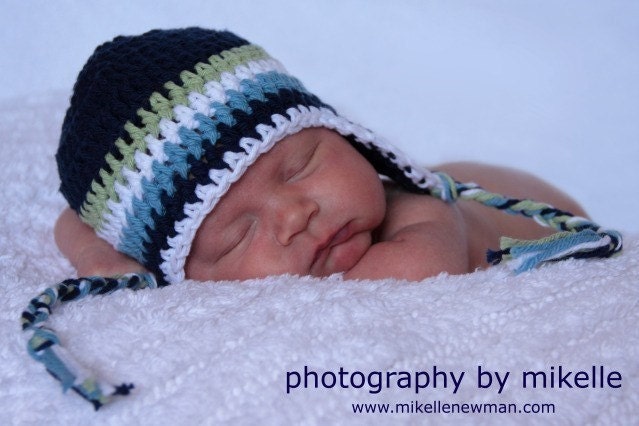 Newborn Crochet Hat, Baby Boy Hat, Crochet Baby Hat, Earflap Hat, Navy Green Blue and White 0 to 3 Months