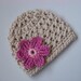 Baby Girl Crochet Beanie Hat Oatmeal with Rose and Pink Daisy Flower