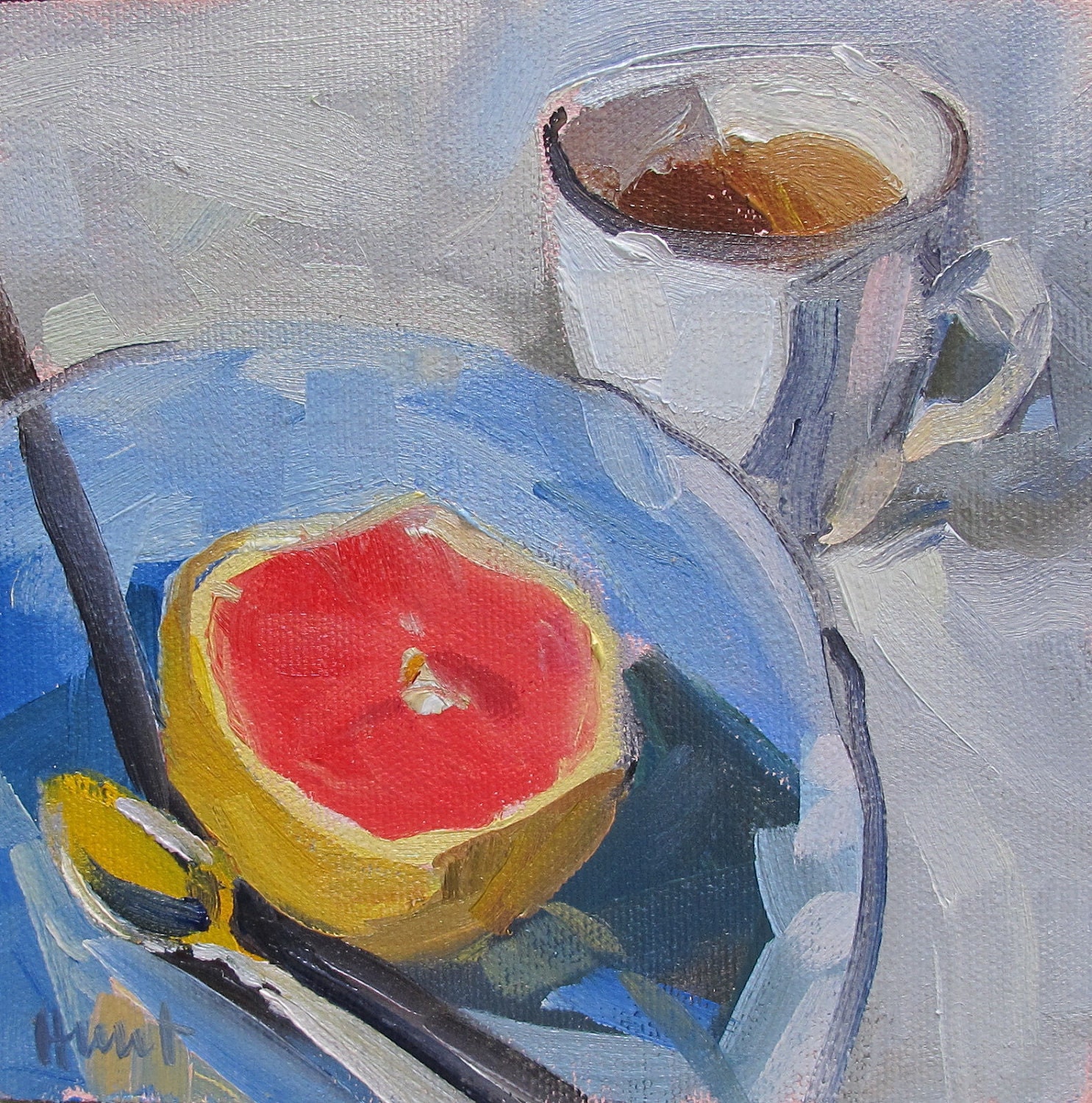 original painting 'Grapfruit and Herbal Tea' by Linda Hunt 6X6 small painting, daily painting
