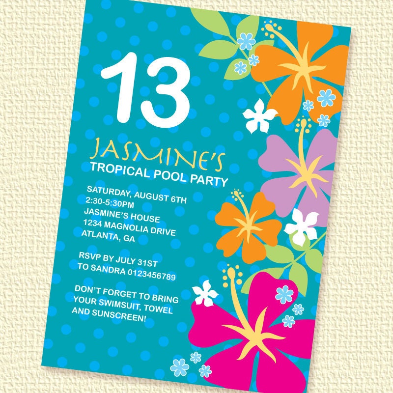 Tropical Flowers Birthday Party Invitation Personalized Custom Printable Girl (Digital File) Il_570xn