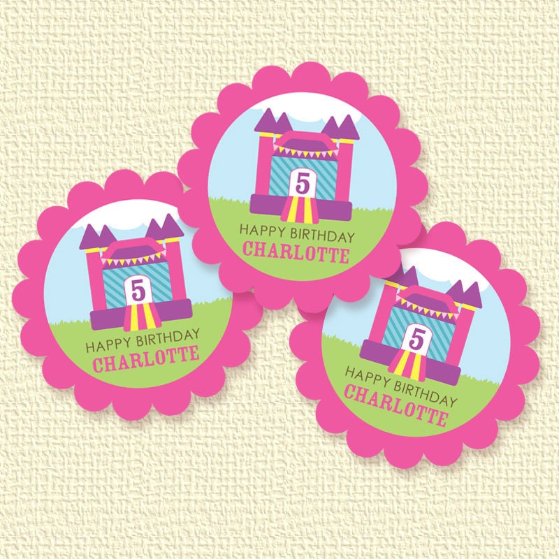 Pink Bounce House Cupcake Toppers or Party Circles Personalized Printable (Digital File) Il_570xn
