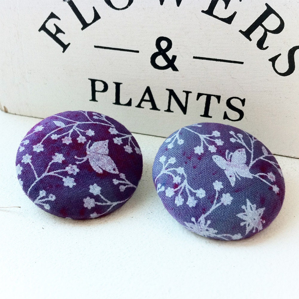 Beautiful Butterfly Earrings Blueberry Flowers Big Button Fabric Earrings - 1.5 inch fabric covered buttons - hand dyed cotton