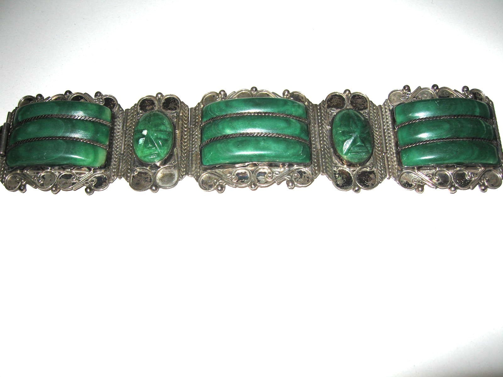 Taxco Sterling Carved Jade Bracelet Mexico Mexican Masks Signed Piece