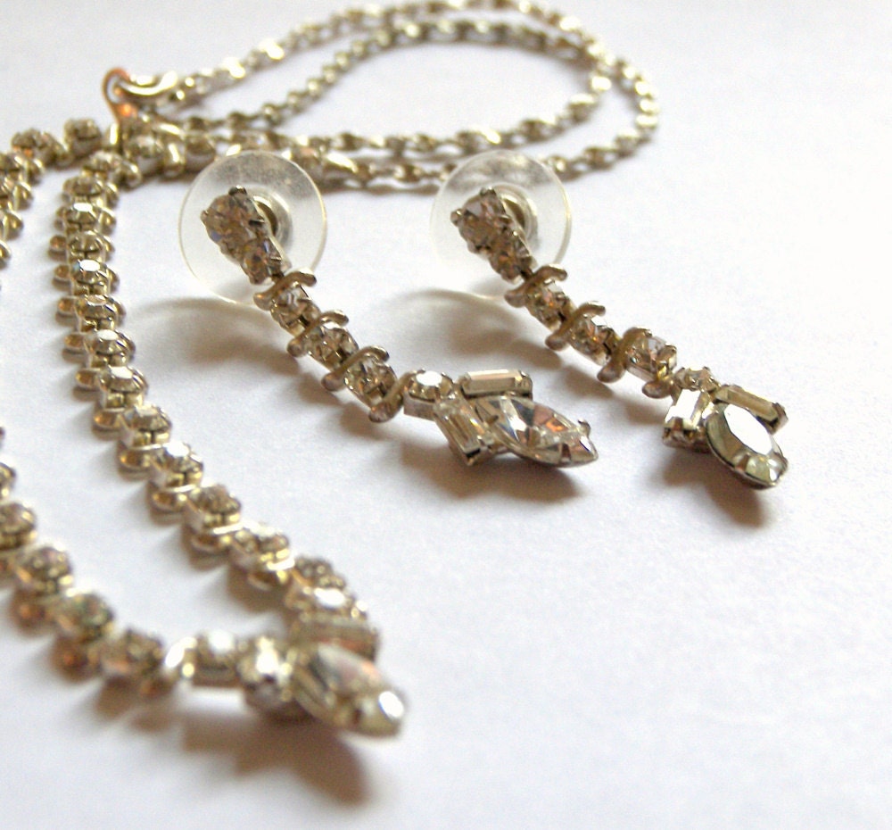 Elegance Rhinestone Crystal Silver Plated signed W Lind Necklace and Earring Set