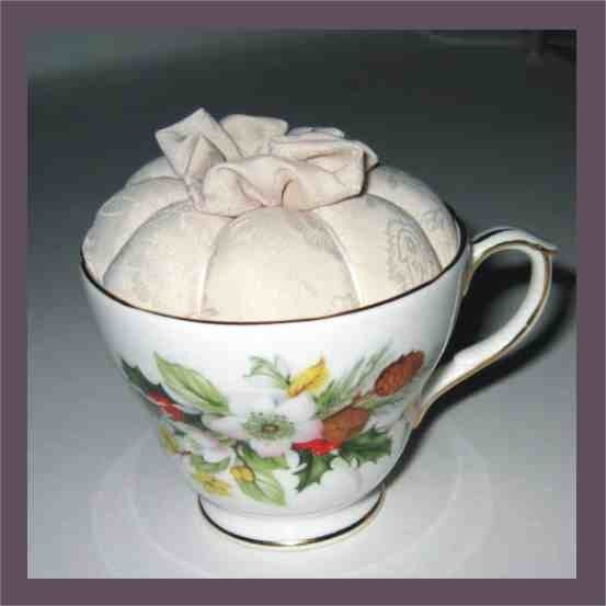 Teacup Pincushion - Bone China - Natural White Silk