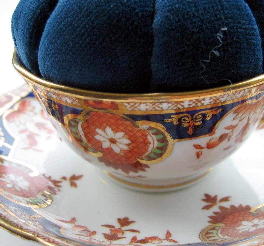 Blue Velvet Teacup Pincushion - Fit for a Queen - Five Matching Pin Toppers