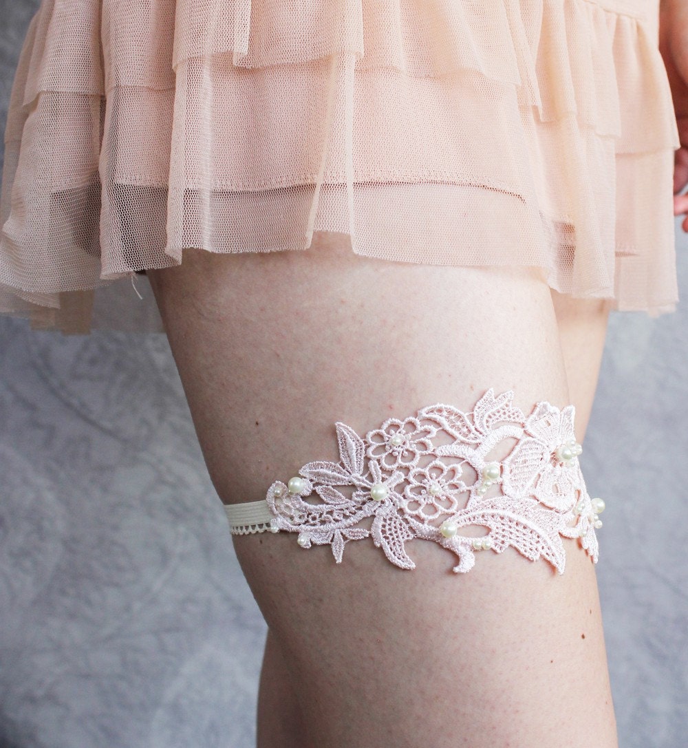 Lace Garter in Pale Pink with Pearls- Limited Edition - Last One