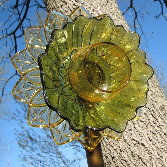 Upcycled Glass Flower Garden Sculpture - amber green