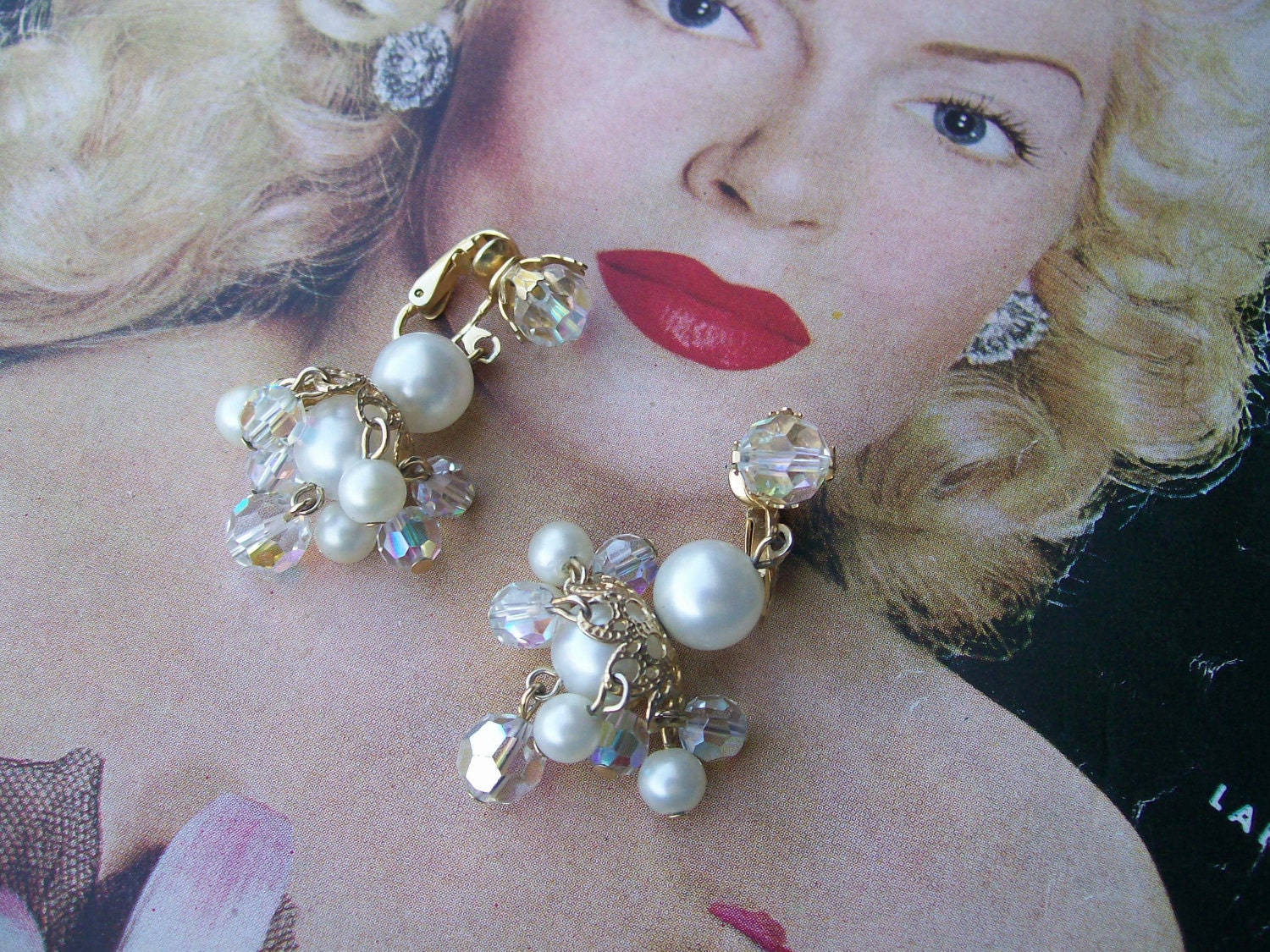 Vintage gold tone Kramer pearl aurora borealis rhinestone dangle beaded clip on earrings wedding Bridal