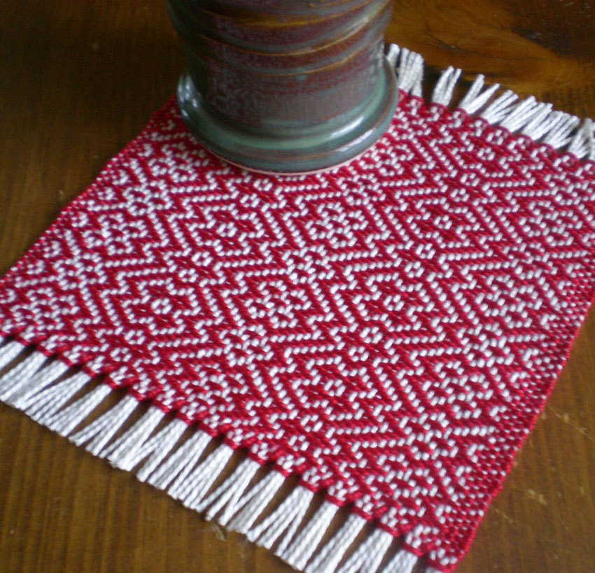 Handwoven zigzag coasters / mug mats in red. Set of 4 handmade by Nutfield Weaver. - NutfieldWeaver