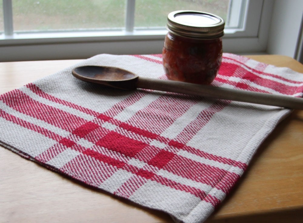 Handwoven kitchen tea towel. Apple red & cream farmhouse plaid. Handmade by Nutfield Weaver.
