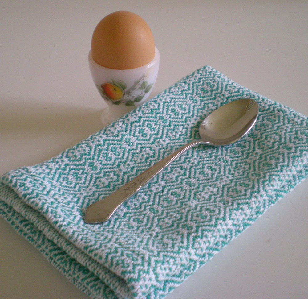Handwoven table napkins / teal & white zigzag twill /set of 2 by Nutfield Weaver.