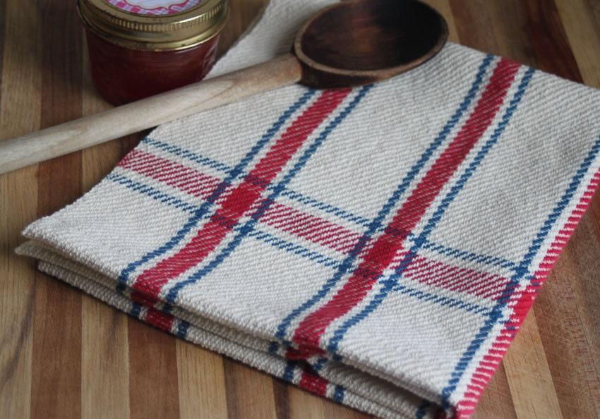 Handwoven kitchen towel / red blue ivory homestead plaid handmade by Nutfield Weaver.
