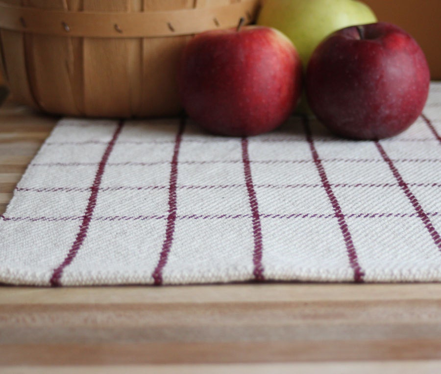 Handwoven kitchen towel / dishtowel brick red & cream windowpane plaid. Handmade by Nutfield Weaver.
