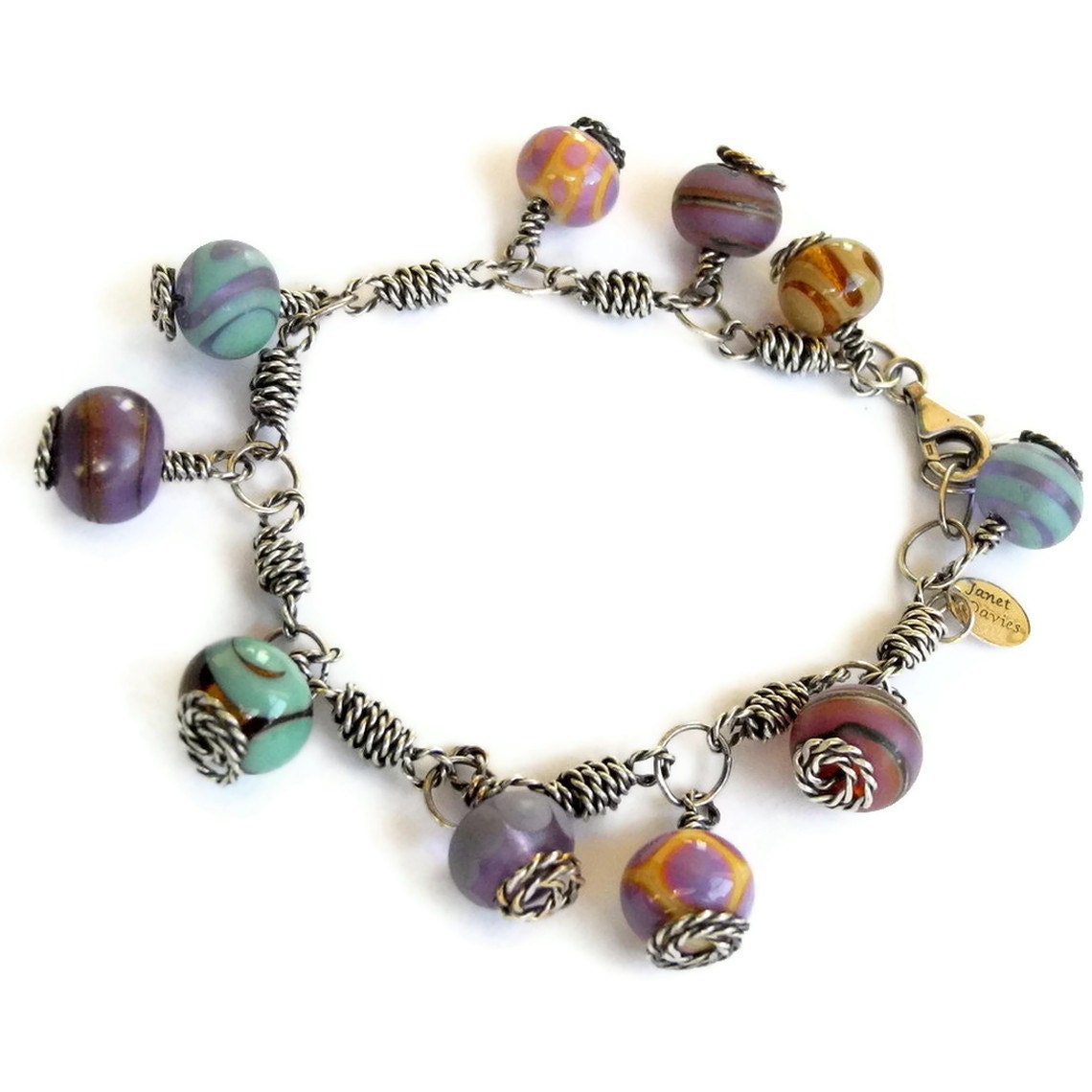 Lampwork Bracelet Oxidized Sterling Silver Bracelet Aqua Purple Wire Wrap Bracelet Cha Cha Bracelet