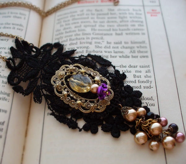 Black lace necklace, statement necklace, bohemian gypsy necklace with brass filigree and glass pearl cluster pendant necklace