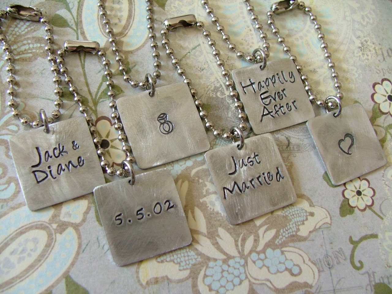 Just Married 6 pc Set Custom Hand Stamped Wine Charms - by MyBella