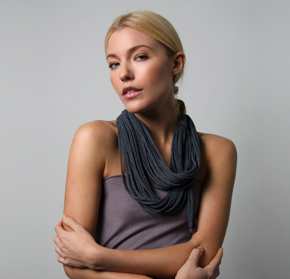 Grey Infinity Scarf - Circle Scarf - Dark Grey Scarf Summer Loop Spring Scarf - Fabric Necklace - Circle Scarves - Womens Mens Necklace CIJ