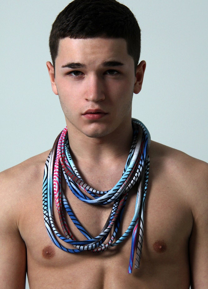 Blue Infinity Scarf - Mens Circle Scarf - Summer Scarf Necklace for Guys - Blue Pink - Womens Mens Necklace Fabric Jewelry - Burning Man