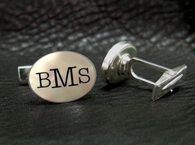 Engraved Mother of Pearl Custom Initial Monogram Personalized Best Man, Groomsmen, Father of the Bride Wedding Cuff links - A