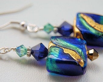 Blue green and gold murano venetian foil glass swarovski crystal earrings
